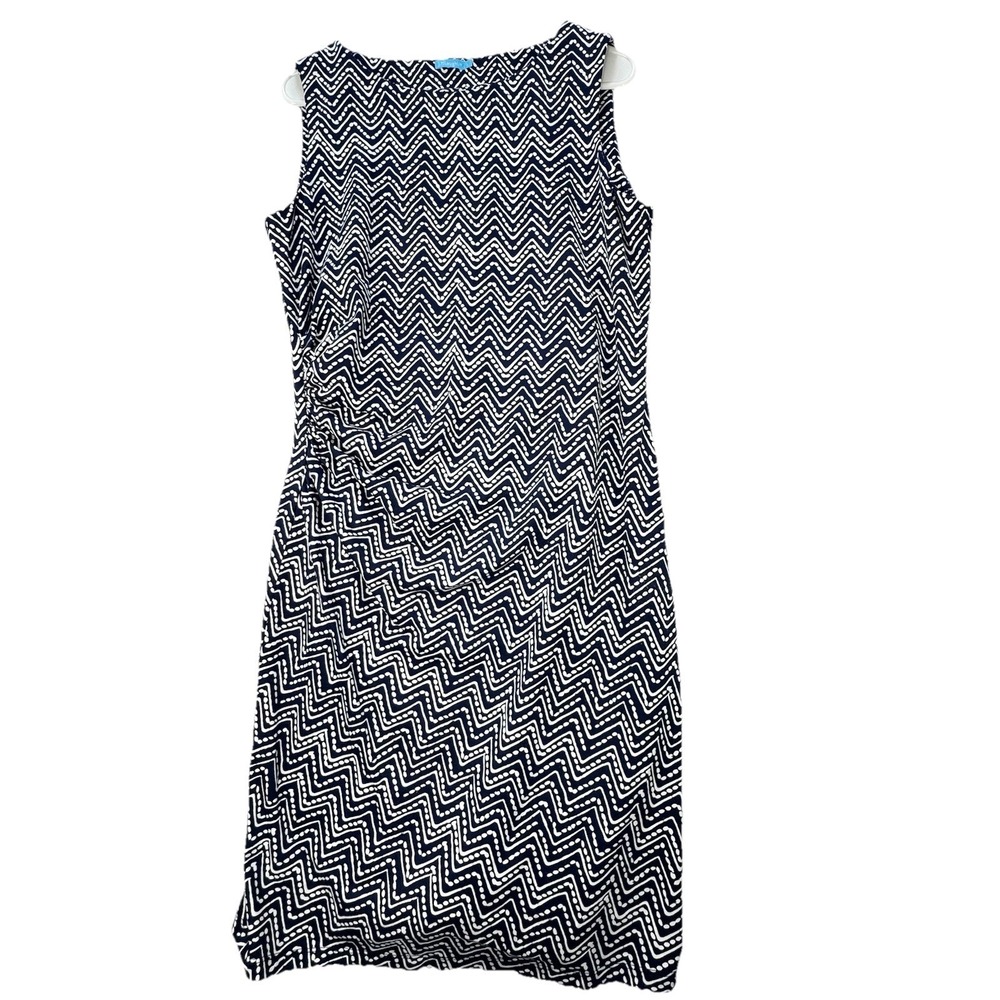 J MCLAUGHLIN Blue White‎ Print Catalina Cloth Ruched Sleeveless Dress Sz Large